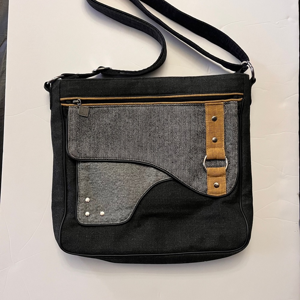 Modern Black Canvas Crossbody Bag with Gray Herringbone and Tan Trim